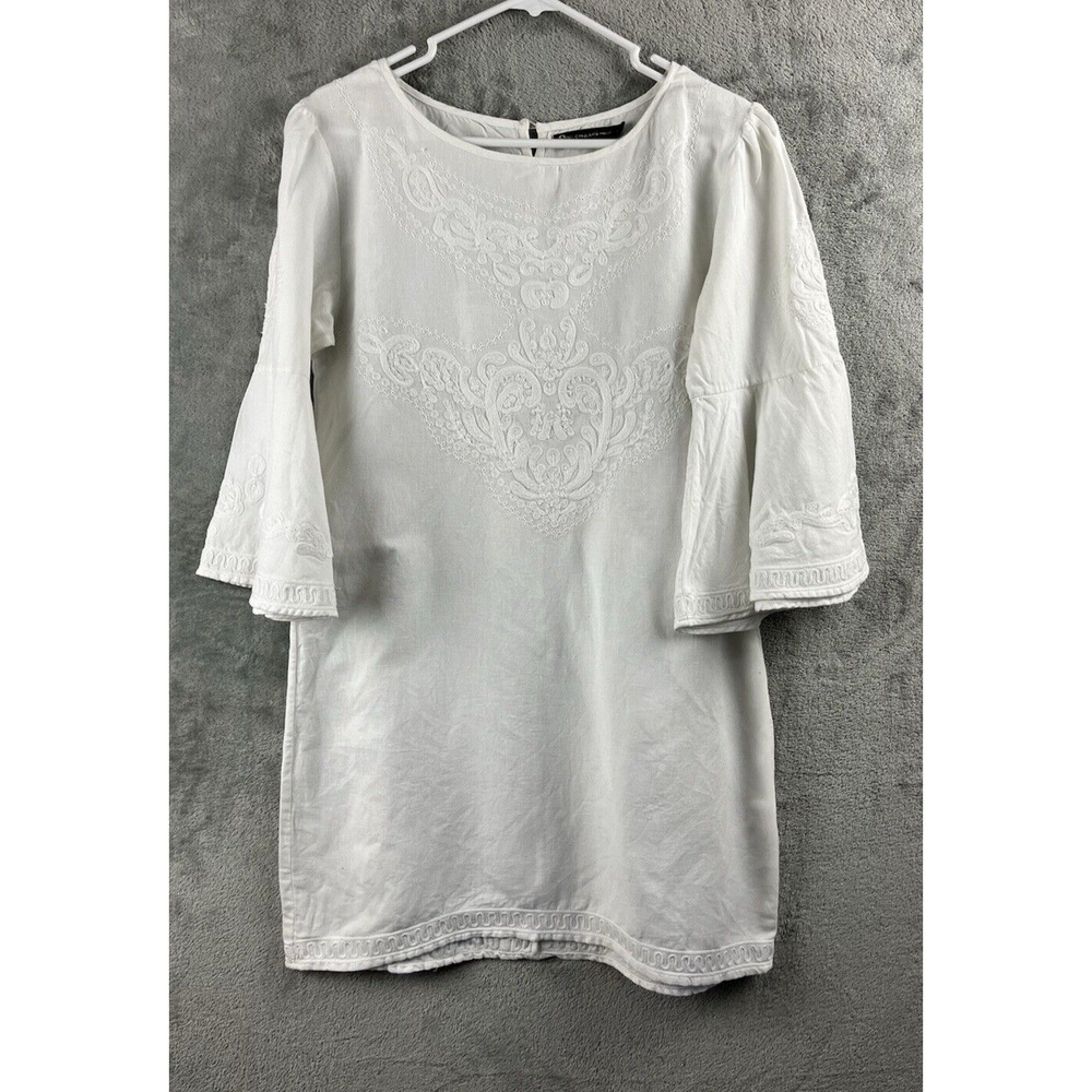 VIX PAULA HERMANNY white linen blend embroidered Dress SZ Large bell sleeve